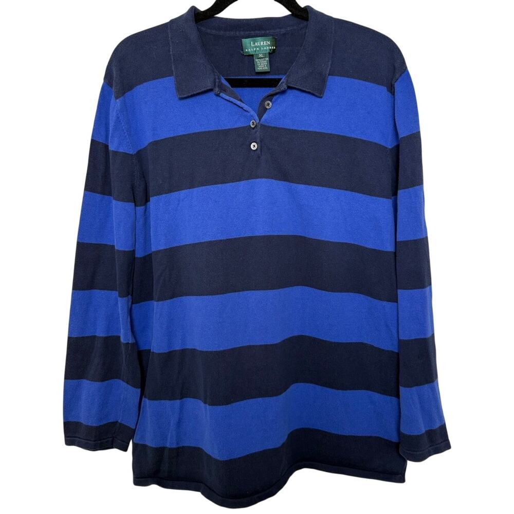 Ralph Lauren Blue Stripe Long Sleeve Polo Size XL Rugby Retro Casual Classic